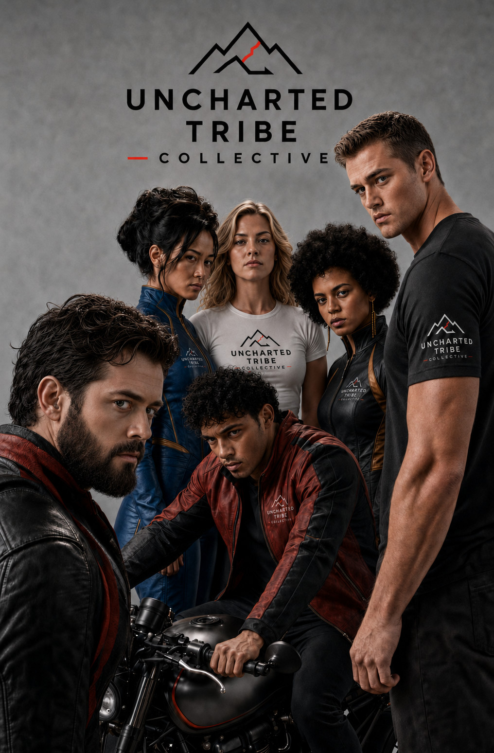 Six Uncharted Tribe Collective members gathered around a motorcycle, wearing the Mark